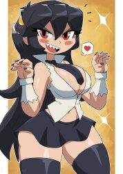 1girl black_hair black_nails black_necktie black_thighhighs blush breasts claw_pose cleavage fangs filia_(skullgirls) heart large_breasts long_hair looking_at_viewer midriff monster navel necktie open_mouth orange_background red_eyes samson_(skullgirls) sharp_teeth shirt skullgirls sleeveless sleeveless_shirt smile sparkle sparkle_background speech_bubble spoken_heart standing teeth thick_thighs thighhighs thighs tony_welt torn_clothes torn_shirt white_shirt wide_hips wrist_cuffs yellow_eyes