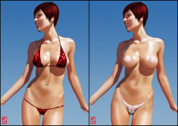 Rule 34 | 1girl, bikini, blue sky, breasts, c-string, contrapposto, dead or alive, dead or alive 5, female focus, gradient background, jupiterjam, large breasts, lips, maebari, mila (doa), navel, outdoors, pasties, realistic, red bikini, red eyes, red hair, short hair, sideboob, sky, solo, spaniard, spanish (nationality), standing, strapless bottom, swimsuit, tecmo, variations