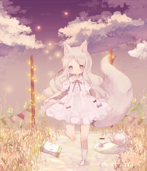 Rule 34 | 1girl, animal ears, blush, bone, bow, bowtie, cloud, coco (hinatacoco), cup, dress, grass, large tail, long hair, original, outdoors, pillow, purple eyes, short sleeves, sky, solo, standing, standing on one leg, star (sky), tail, teacup, teapot, tray, very long hair, white dress, white legwear