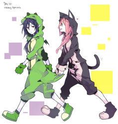 Rule 34 | 2girls, adventure time, animal costume, animal hood, animification, blue hair, cartoon network, cat costume, cosplay, curryuku, english text, hood, kigurumi, long hair, looking at another, looking at viewer, marceline abadeer, multiple girls, open mouth, pink hair, pointy ears, princess bonnibel bubblegum, red eyes, smile, tail, walking