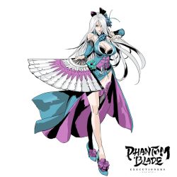 Rule 34 | 1girl, artist request, asymmetrical legwear, blue dress, character request, cleavage cutout, clothing cutout, detached sleeves, dress, full body, high heels, long hair, official art, phantom blade (game), ribbon, smile, solo, sprite, white background, white hair