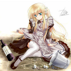 Rule 34 | 1girl, blonde hair, blue eyes, blush, bottle, bucket, flower, hair flower, hair ornament, highres, ice, kanna (plum), long hair, maid, pixiv alice in under world, solo, thighhighs, twintails, very long hair, wet, wet clothes, white thighhighs