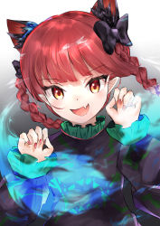 Rule 34 | 1girl, :d, absurdres, animal ear fluff, animal ears, black bow, blush, bow, braid, commentary, dress, extra ears, fang, fingernails, gradient background, green dress, hair bow, highres, hitodama, kaenbyou rin, kyuu cat, long sleeves, looking at viewer, nail polish, open mouth, orange eyes, paw pose, pointy ears, red hair, red nails, sharp fingernails, skin fang, smile, solo, standing, touhou, twin braids
