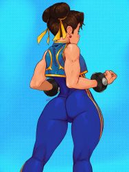 Rule 34 | 1girl, ass, blue bodysuit, bodysuit, brown hair, capcom, chun-li, clenched hands, commentary, cowboy shot, double bun, earrings, english commentary, fortnite, from behind, hair bun, hair ribbon, highres, jewelry, kneepits, muscular, muscular female, ribbon, short hair, skin tight, sleeveless, solo, street fighter, street fighter zero (series), studded bracelet, thick thighs, thighs, tyto alba, vest, yellow ribbon