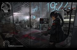 Rule 34 | 1girl, absurdres, assault rifle, black gloves, black hair, black jacket, black thighhighs, window blinds, breasts, building, city, city lights, cityscape, closed mouth, computer, cyberpunk, fake screenshot, from side, glass, gloves, green eyes, grey sky, gun, hair ornament, heads-up display, highres, holding, holding gun, holding weapon, hood, hood down, hooded jacket, jacket, letterboxed, long hair, long sleeves, looking at viewer, looking to the side, mo:oku, original, outdoors, ponytail, rain, rifle, scenery, science fiction, sky, solo, standing, temperature, thighhighs, time, weapon