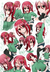 Rule 34 | 1girl, 7th dragon, 7th dragon (series), 7th dragon 2020, bare shoulders, brown eyes, character sheet, closed eyes, fingerless gloves, gloves, green shirt, jewelry, nandakana, necklace, red hair, shirt, short shorts, shorts, side ponytail, sweater, thighhighs, unose aoi