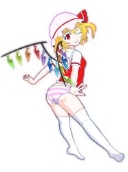 Rule 34 | 1girl, 501 (gouwan), blonde hair, blush, blush stickers, dress, fingernails, flandre scarlet, from behind, hat, hat ribbon, highres, looking at viewer, looking back, mob cap, nail polish, one eye closed, panties, puffy short sleeves, puffy sleeves, red dress, red eyes, red nails, ribbon, sharp fingernails, shirt, short hair, short sleeves, side ponytail, simple background, smile, solo, striped clothes, striped panties, thighhighs, touhou, underwear, vest, white thighhighs, wings