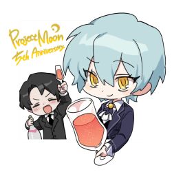 Rule 34 | 1boy, 1girl, alcohol, angela (project moon), anniversary, arm up, ascot, bbunny, black hair, black jacket, black necktie, blue hair, blush, bottle, champagne, chibi, closed mouth, cup, frilled sleeves, frills, holding, holding bottle, holding cup, jacket, library of ruina, long sleeves, looking at viewer, necktie, project moon, roland (project moon), short hair, smile, transparent background, upper body, white ascot