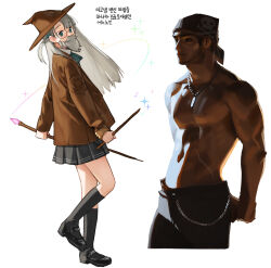 Rule 34 | 1boy, 1girl, beard, biceps, black footwear, black pants, black skirt, black socks, blue eyes, brown headwear, brown jacket, collared shirt, cowboy shot, cropped legs, facial hair, hat, highres, holding, holding staff, holding wand, jacket, jewelry, long sleeves, mustache, necklace, original, pants, pectorals, pleated skirt, rinotuna, shirt, shoes, skirt, socks, sparkle, staff, standing, topless male, translation request, wand, witch hat