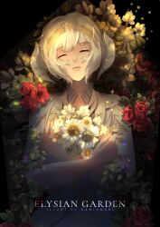 Rule 34 | 1girl, artist name, au ra, black background, blunt bangs, bouquet, closed eyes, closed mouth, collared shirt, commentary, commission, crossed arms, daisy, dark background, dragon horn, english commentary, english text, final fantasy, final fantasy xiv, flower, frown, gold headwear, head tilt, highres, holding, holding bouquet, kanlamari, light particles, puffy short sleeves, puffy sleeves, red flower, red rose, rose, shirt, short hair, short sleeves, solo, tiara, upper body, warrior of light (ff14), watermark, white flower, white hair, white shirt, white sleeves