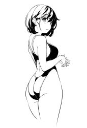 Rule 34 | 1girl, ass, back, bare shoulders, breasts, competition swimsuit, greyscale, highleg, highleg swimsuit, highres, kekemotsu, large breasts, looking at viewer, looking back, monochrome, one-piece swimsuit, original, short hair, solo, swimsuit, thighs