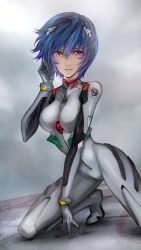 Rule 34 | 1girl, arm support, ayanami rei, bai wang, blue hair, bodysuit, breasts, closed mouth, cloud, cloudy sky, feet out of frame, grey bodysuit, hand to head, headgear, highres, interface headset, kneeling, looking at viewer, medium breasts, neon genesis evangelion, pilot suit, plugsuit, red eyes, short hair, sky, solo, turtleneck