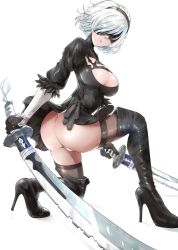 Rule 34 | 1girl, ass, black blindfold, black dress, black footwear, black hairband, black thighhighs, blindfold, boots, breasts, cleavage, cleavage cutout, clothing cutout, dress, dual wielding, feather trim, hairband, high heel boots, high heels, highres, holding, kntrs (knyrs), large breasts, leotard, long sleeves, looking at viewer, mole, mole under mouth, nier:automata, nier (series), on one knee, short hair, simple background, solo, sword, thigh boots, thighhighs, thighhighs under boots, thong leotard, vambraces, weapon, white background, white hair, white leotard, 2b (nier:automata)