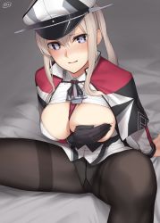 Rule 34 | 10s, 1girl, absurdres, black gloves, black pantyhose, blonde hair, blue eyes, blush, breasts, capelet, enosan, gloves, graf zeppelin (kancolle), gusset, hat, highres, jacket, kantai collection, large breasts, long hair, md5 mismatch, military, military uniform, panties, panties under pantyhose, pantyhose, peaked cap, resolution mismatch, sidelocks, smile, solo, source smaller, thighband pantyhose, twintails, underwear, uniform, white jacket