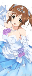 Rule 34 | 10s, 1girl, \m/, bare shoulders, breasts, brown eyes, brown hair, cleavage, dress, female focus, hair ornament, idolmaster, idolmaster cinderella girls, jewelry, large breasts, long hair, mizuki makoto, necklace, simple background, smile, solo, sparkle, strapless, strapless dress, tiara, totoki airi, twintails