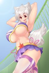 Rule 34 | 1girl, absurdres, ahoge, animal ears, armpits, arms behind back, arms up, bad id, bad pixiv id, bouncing breasts, breasts, character name, cleavage, covered erect nipples, from below, highres, huge breasts, inubashiri momiji, looking at viewer, looking down, midriff, miniskirt, no bra, open mouth, pleated skirt, red eyes, short hair, silver hair, skirt, smile, solo, tail, thighs, tochinoko, touhou, underboob, wolf ears, wolf tail