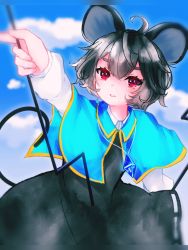 Rule 34 | 1girl, animal ears, blue capelet, blue sky, blush, capelet, cloud, collared capelet, commentary request, cowboy shot, crystal, dowsing rod, dress, grey dress, grey hair, gyokuro (maposo140203), highres, holding, jewelry, layered clothes, long sleeves, mouse ears, mouse girl, mouse tail, nazrin, parted lips, pendant, red eyes, shirt, short hair, sky, sleeveless, sleeveless dress, solo, tail, touhou, white shirt