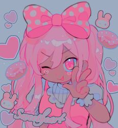 Rule 34 | 1girl, blush, bow, breasts, character name, closed mouth, commentary, dark-skinned female, dark skin, doughnut, english commentary, food, grey background, hair bow, heart, highres, littlebunniboo, long hair, looking at viewer, medium breasts, my melody, omori, one eye closed, onegai my melody, pink bow, pink eyes, pink hair, polka dot, polka dot bow, puffy short sleeves, puffy sleeves, sanrio, short sleeves, simple background, smile, solo, sweetheart (omori), tongue, tongue out, upper body, v