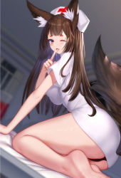Rule 34 | 1girl, ;d, ;p, absurdres, alternate costume, amagi (azur lane), animal ears, arm support, ass, azur lane, barefoot, bed, bed sheet, bent over, black hair, black panties, blunt bangs, blurry, breasts, commentary request, cross, depth of field, dress, eyeshadow, finger to mouth, fox ears, fox girl, fox tail, from behind, from below, hat, highres, hong bai, index finger raised, infirmary, kitsune, kyuubi, large breasts, long hair, looking at viewer, looking to the side, makeup, multiple tails, no shoes, nurse, nurse cap, on bed, one eye closed, open mouth, panties, pantyshot, purple eyes, red cross, saliva, saliva trail, sidelocks, sitting, smile, solo, tail, tongue, tongue out, underwear, wariza, white dress, window