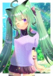 Rule 34 | 1girl, ;), ahoge, animal ear fluff, animal ears, arm behind back, black bow, black shirt, black skirt, blurry, blurry background, bow, breasts, closed mouth, commentary request, commission, copyright request, cowboy shot, day, depth of field, green hair, hair bow, head tilt, kou hiyoyo, layered sleeves, lens flare, long hair, long sleeves, looking at viewer, one eye closed, pleated skirt, purple eyes, purple sweater, shirt, short-sleeved sweater, short over long sleeves, short sleeves, skeb commission, skirt, small breasts, smile, solo, standing, sweater, tail, thighhighs, twintails, very long hair