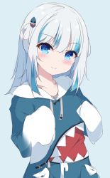 Rule 34 | 1girl, blue background, blue eyes, blue hair, blue hoodie, blush, closed mouth, commentary request, drawstring, fuuna, gawr gura, gawr gura (1st costume), hair ornament, highres, hololive, hololive english, hood, hood down, hoodie, long sleeves, looking at viewer, multicolored hair, silver hair, simple background, sleeves past fingers, sleeves past wrists, smile, solo, streaked hair, two side up, virtual youtuber