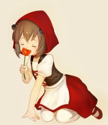 Rule 34 | 1girl, bad id, bad twitter id, brown hair, closed eyes, cosplay, dress, flower, hood, kantai collection, km yama, kneeling, little red riding hood, little red riding hood (grimm), little red riding hood (grimm) (cosplay), pantyhose, shoes, short hair, smelling, smelling flower, solo, traditional clothes, yukikaze (kancolle)