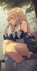Rule 34 | 1girl, bare shoulders, bench, black shirt, blush, bow, breasts, commentary request, criss-cross halter, day, food, grey bow, grey choker, grey jacket, grey skirt, grey socks, hair bow, halterneck, high-waist skirt, highres, jacket, jingburger, korean commentary, leaf, long sleeves, loose socks, medium breasts, melting, off shoulder, open clothes, open jacket, open mouth, outdoors, popsicle, shirt, sitting, skirt, socks, solo, sweat, swept bangs, thick thighs, thighs, tree, waktaverse, yu seol 69