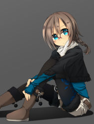 Rule 34 | 1girl, belt, black pantyhose, blue eyes, boots, borrowed character, braid, brown hair, capelet, fur trim, glasses, grey background, hugging own legs, kaida michi, looking at viewer, mihailles gau, pantyhose, pom pom (clothes), ponytail, print pantyhose, short shorts, shorts, simple background, single braid, sleeves past wrists, solo