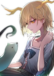Rule 34 | 33 gaff, absurdres, blonde hair, blue shirt, collarbone, commentary, dragon girl, dragon horns, dragon tail, highres, horns, kicchou yachie, looking at another, otter spirit (touhou), shirt, short hair, simple background, tail, touhou, turtle shell, white background, yellow eyes