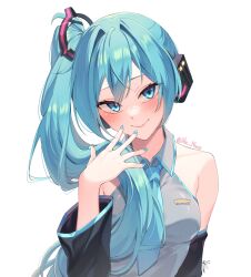 Rule 34 | 1girl, absurdres, aqua eyes, aqua hair, aqua nails, aqua necktie, artist name, black sleeves, blush, breasts, closed mouth, dated, derivative work, detached sleeves, grey shirt, hatsune miku, hatsune miku (noodle stopper), highres, long hair, medium breasts, meme, necktie, nz nezz, photo-referenced, ponytail, shirt, side ponytail, sidetail miku noodle stopper (meme), signature, simple background, smile, solo, twitter username, very long hair, vocaloid, white background