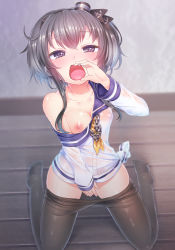 Rule 34 | 10s, 1girl, between legs, black pantyhose, blush, breasts, brown eyes, brown hair, clothes pull, collarbone, doyouwantto, fang, fellatio gesture, hair ornament, hand between legs, hand to own mouth, implied fellatio, implied masturbation, kantai collection, kneeling, long sleeves, looking at viewer, naked shirt, neckerchief, nipples, no bra, off shoulder, open mouth, pantyhose, pantyhose pull, school uniform, serafuku, shirt, shirt pull, solo, tokitsukaze (kancolle)