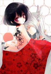 Rule 34 | 1boy, 1girl, absurdres, ass, back, bare shoulders, black hair, blush, butt crack, floral print, from side, hato rami, highres, horns, huge filesize, japanese clothes, kimono, long sleeves, looking at viewer, naked kimono, open clothes, open kimono, pointy ears, profile, red eyes, tareme, tattoo, white hair, wide sleeves