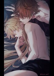 Rule 34 | 2boys, aether (genshin impact), bed, bed sheet, blonde hair, closed eyes, commentary, covering privates, earrings, genshin impact, hair between eyes, hair down, highres, jewelry, long hair, lying, male focus, multiple boys, nude, nude cover, on bed, on side, orange hair, pillarboxed, single earring, sleeping, sonomi, symbol-only commentary, tartaglia (genshin impact), topless, topless male, twitter username, very long hair, yaoi