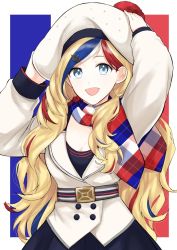 Rule 34 | 1girl, :d, beret, black skirt, blonde hair, blue eyes, blue hair, buttons, commandant teste (kancolle), commentary request, flag background, french flag, hat, jacket, kantai collection, long hair, long sleeves, morinaga miki, multicolored clothes, multicolored hair, multicolored scarf, open mouth, pleated skirt, pom pom (clothes), red hair, scarf, skirt, smile, solo, streaked hair, white hair, white hat, white jacket