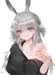 Rule 34 | 1girl, :q, animal ears, arknights, bad id, bad pixiv id, black shirt, blush, breasts, cleavage, closed mouth, commentary request, dokomon, grey eyes, grey hair, hair between eyes, hand up, highres, long hair, long sleeves, looking at viewer, medium breasts, off shoulder, rabbit ears, savage (arknights), shirt, simple background, smile, solo, tongue, tongue out, two side up, upper body, white background