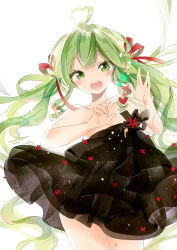 Rule 34 | 1girl, ahoge, backlighting, bare shoulders, beamed quavers, black dress, blush, cowboy shot, dress, green eyes, green hair, hajida, hatsune miku, heart, heart ahoge, long hair, looking at viewer, musical note, open mouth, quaver, simple background, smile, solo, teeth, twintails, vocaloid, white background