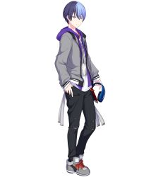 Rule 34 | 1boy, aoyagi touya, black pants, blue hair, dark blue hair, expressionless, from side, full body, grey eyes, grey footwear, grey jacket, headphones, highres, holding, holding headphones, jacket, jewelry, looking at viewer, male focus, mole, mole under eye, multicolored hair, necklace, non-web source, official art, pants, project sekai, shirt, shoes, short hair, sneakers, solo, split-color hair, tachi-e, torn clothes, torn pants, transparent background, two-tone hair, white shirt