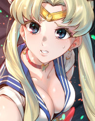 Rule 34 | 1girl, absurdres, bad id, bad pixiv id, bishoujo senshi sailor moon, blonde hair, blue eyes, breasts, choker, cleavage, clenched teeth, crescent, derivative work, downblouse, earrings, forehead jewel, heart, heart choker, highres, jewelry, large breasts, meme, moto toshi, sailor collar, sailor moon, sailor moon redraw challenge (meme), solo, sweatdrop, teeth, tsukino usagi, twintails, upper body