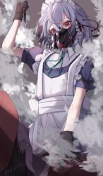Rule 34 | 1boy, 1girl, absurdres, apron, blue dress, braid, brown hair, dress, fortune teller (touhou), frilled apron, frills, gloves, green neckwear, hair between eyes, hand on another&#039;s chest, hat, highres, holding, holding knife, izayoi sakuya, knife, maid, maid apron, maid headdress, on person, puffy short sleeves, puffy sleeves, red eyes, respirator, short hair, short sleeves, silver hair, smoke, solo focus, stab, sweatdrop, touhou, tsune (tune)