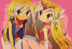 Rule 34 | 2girls, artist name, belt, blonde hair, blue eyes, blush, closed mouth, commentary request, gloves, hair ornament, leaning forward, long hair, looking at another, looking at viewer, multicolored hair, multiple girls, neckerchief, nintendo, pink background, pointy ears, princess zelda, sleeveless, smile, tetra, the legend of zelda, tiara, tokuura, toon zelda, twitter username, vest, watermark
