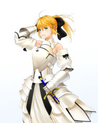 Rule 34 | 1girl, ahoge, armor, artoria pendragon (fate), blonde hair, fate/stay night, fate/unlimited codes, fate (series), gauntlets, green eyes, hair ribbon, looking at viewer, ponytail, ribbon, saber (fate), saber lily, solo, sugino souichi, sword, weapon