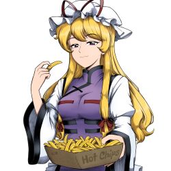 Rule 34 | 1girl, blonde hair, breasts, closed mouth, commentary, english commentary, english text, food, french fries, giantcavemushroom, hat, highres, holding, holding food, long hair, long sleeves, looking at viewer, medium breasts, mob cap, purple eyes, sidelocks, simple background, solo, tabard, touhou, upper body, white background, white hat, wide sleeves, yakumo yukari
