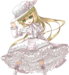 Rule 34 | 1girl, blonde hair, blunt bangs, boots, catanagi, cross-laced footwear, dress, flower, frills, gosick, green eyes, hat, hat tip, knee boots, lace, lace-up boots, lingerie, lolita fashion, long hair, petticoat, porkpie hat, ribbon, rose, solo, sweet lolita, too many, underwear, very long hair, victorian, victorica de blois