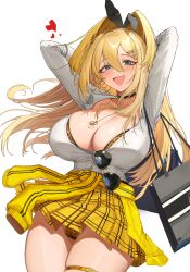 Rule 34 | 1girl, absurdres, amesuku gyaru, animal print, arms behind head, bag, black choker, blonde hair, blue eyes, bra, breasts, buff bard, center opening, choker, cleavage, clothes around waist, commentary request, cowboy shot, eyewear hang, fang, goddess of victory: nikke, gyaru, hair between eyes, hair ornament, hairclip, heart, high-waist skirt, highres, jacket, jacket around waist, jewelry, kogal, korean commentary, large breasts, leopard print, long hair, long sleeves, looking at viewer, open mouth, panties, pantyshot, partially unbuttoned, pendant, plaid, plaid skirt, pleated skirt, print bra, print panties, rupee (nikke), shirt, shopping bag, simple background, skirt, smile, solo, sunglasses, thigh strap, thighs, underwear, unworn eyewear, white background, white shirt, yellow bra, yellow jacket, yellow panties, yellow skirt