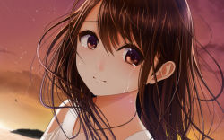 Rule 34 | 1girl, bare shoulders, black hair, brown eyes, cloud, crying, crying with eyes open, dutch angle, hair between eyes, jewelry, kentaurosu, long hair, looking at viewer, necklace, original, outdoors, portrait, shooting star, sky, solo, star (sky), starry sky, tears, twilight