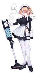 Rule 34 | 1girl, absurdres, apron, black dress, black footwear, black panties, blonde hair, blue eyes, breasts, dress, eonsang, eyes visible through hair, full body, g36 (girls&#039; frontline), girls&#039; frontline, high heels, highres, korean text, large breasts, long sleeves, looking at viewer, maid, maid headdress, open mouth, panties, short hair, solo, speech bubble, standing, thighhighs, translation request, underwear, white apron, white thighhighs