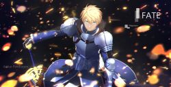 Rule 34 | 1boy, ahoge, armor, arthur pendragon (fate), artist name, black background, blonde hair, blue eyes, breastplate, character name, closed mouth, excalibur (fate/prototype), fate/grand order, fate/prototype, fate (series), gauntlets, green eyes, hair between eyes, highres, holding, holding sword, holding weapon, hood, long sleeves, looking at viewer, magicians (zhkahogigzkh), male focus, pauldrons, serious, short hair, shoulder armor, simple background, solo, sparks, spiked hair, standing, sword, upper body, weapon