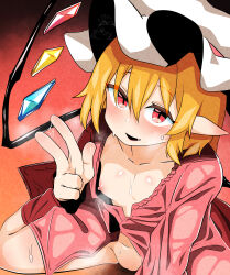 Rule 34 | 1girl, absurdres, blonde hair, blush, breasts, commentary request, crystal, fang, flandre scarlet, foot out of frame, hair between eyes, hat, highres, looking at viewer, loose clothes, loose shirt, medium hair, mob cap, nipples, open mouth, pink shirt, pointy ears, pussy, pussy juice, red eyes, rinyamame, shirt, sitting, small breasts, smile, solo, sweat, textless version, touhou, uncensored, wariza, white hat, wings