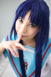 Rule 34 | ari (model), asakura ryouko, blue hair, cosplay, highres, photo (medium), sailor, school uniform, serafuku, suzumiya haruhi no yuuutsu