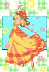 Rule 34 | 1990s (style), 1girl, :d, absurdres, breasts, brown hair, crown, dress, earrings, flower, flower earrings, full body, gloves, green eyes, hair behind ear, highres, jewelry, looking at viewer, mario (series), medium breasts, nintendo, one eye closed, open mouth, orange footwear, pink flower, potiri02, princess daisy, retro artstyle, smile, solo, stretching, super mario land, white gloves, yellow dress, yellow flower